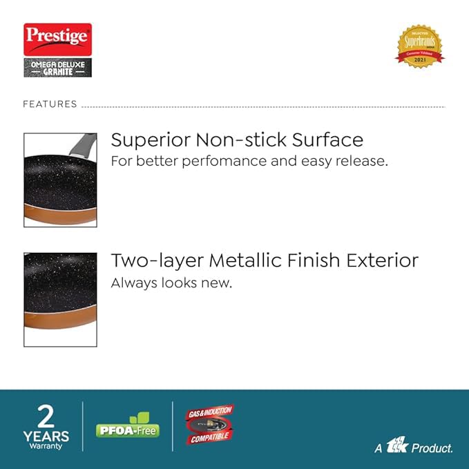 Prestige Omega Deluxe Non-Stick Cookware 3 Pc Set |PFOA Free 5-Layer Coating | Omni Tawa 25 cm | Fry Pan 24 cm | Kadai with Glass Lid 24 cm | Brown | Dishwasher Safe - Image 3