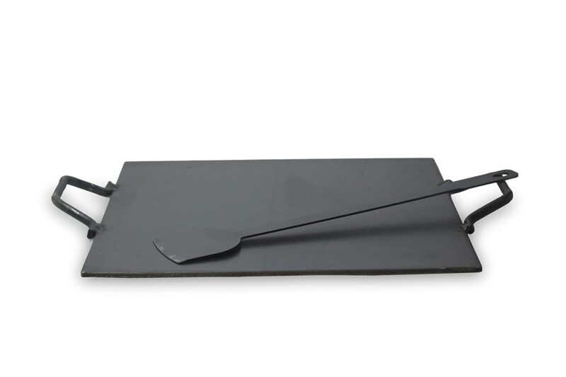 PRINA E-SHOP Iron Flat Square Design Induction Comfortable Tawa with Double Side Handle with Turner for Dosa/Roti/Chappati/Gas & Induction-Friendly Dosa Kallu (Black_12inch x 12inch)