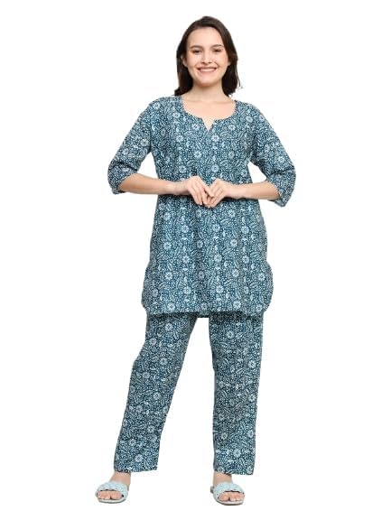 Senert Women's Cotton Printed Night Suit Kaftan Style Pyjama Co Ord Set for Women, Night Dress 2-Piece Outfits Pajama Wear - Free Size (Rama, Free Size) - Image 4