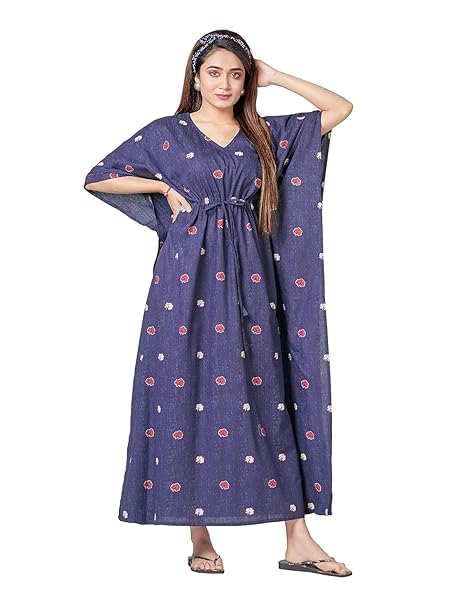 XAKALAKA Women’s Cotton Kaftan Nighty Maxi Gown – Loose Fit Sleepwear, Lightweight & Breathable Loungewear – Stylish Printed Nightdress for Sleeping & Relaxing (Navy Blue, Free Size)