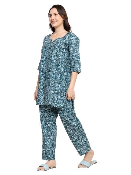 Senert Women's Cotton Printed Night Suit Kaftan Style Pyjama Co Ord Set for Women, Night Dress 2-Piece Outfits Pajama Wear - Free Size (Rama, Free Size) - Image 6
