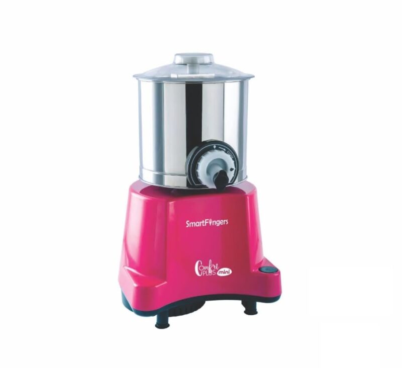 SmartFingers Comfort Plus Mini Table Top Wet Grinder 230v, 1.25 Liter, Pink | Hands-Free Batter Dispenser | Top Wiper, 120W Motor | 5 Years Warranty | AISI 304 Food-Grade SS Cylindrical Drum