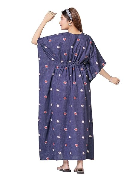 XAKALAKA Women’s Cotton Kaftan Nighty Maxi Gown – Loose Fit Sleepwear, Lightweight & Breathable Loungewear – Stylish Printed Nightdress for Sleeping & Relaxing (Navy Blue, Free Size) - Image 3