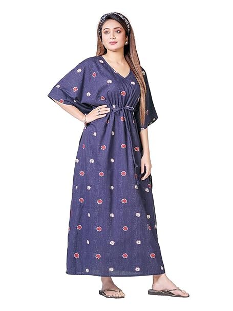 XAKALAKA Women’s Cotton Kaftan Nighty Maxi Gown – Loose Fit Sleepwear, Lightweight & Breathable Loungewear – Stylish Printed Nightdress for Sleeping & Relaxing (Navy Blue, Free Size) - Image 2