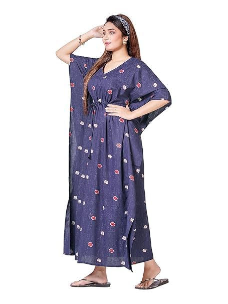 XAKALAKA Women’s Cotton Kaftan Nighty Maxi Gown – Loose Fit Sleepwear, Lightweight & Breathable Loungewear – Stylish Printed Nightdress for Sleeping & Relaxing (Navy Blue, Free Size) - Image 4