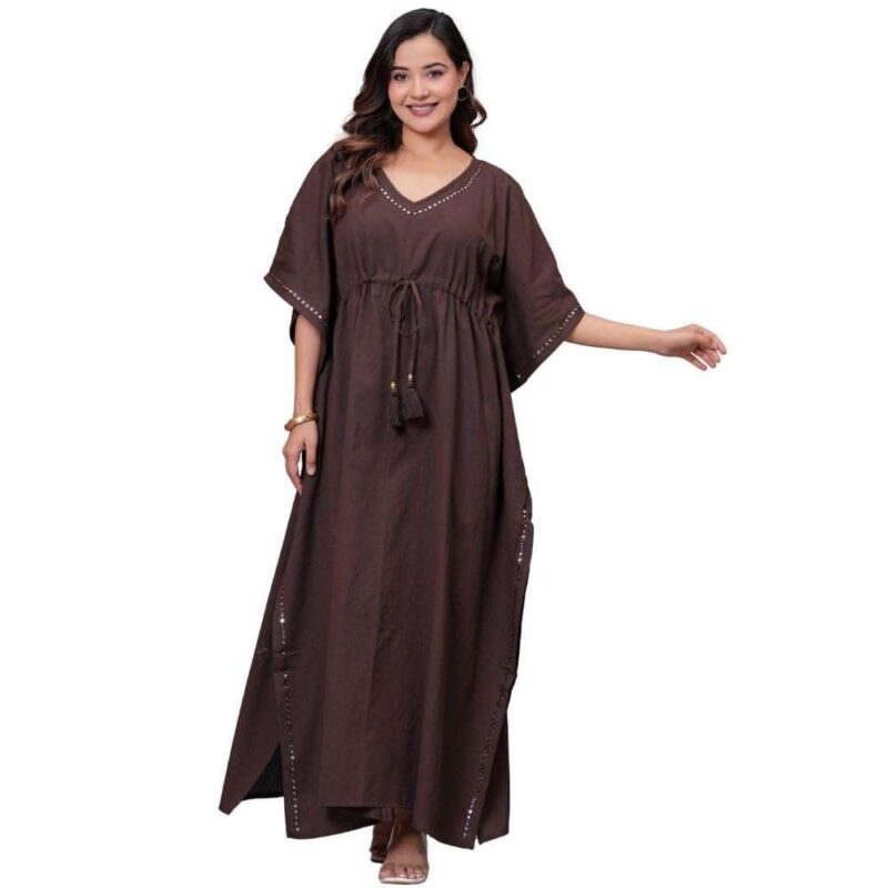 TEXTILE TONES Women’s Chocolate Brown Kaftan Dress - V Neck Maxi Dress with Adjustable Waist Tie, Lightweight Loose Fit Beach Cover Up for Vacation, Resort, Poolside & Casual Wear, Free Size