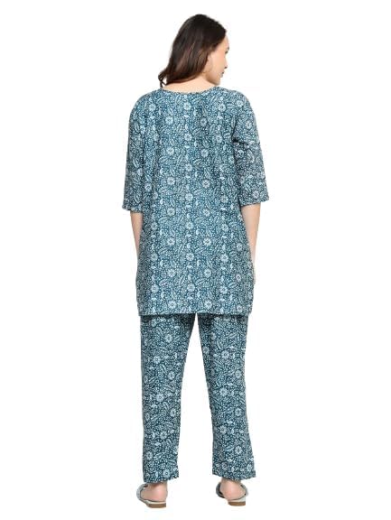 Senert Women's Cotton Printed Night Suit Kaftan Style Pyjama Co Ord Set for Women, Night Dress 2-Piece Outfits Pajama Wear - Free Size (Rama, Free Size) - Image 3