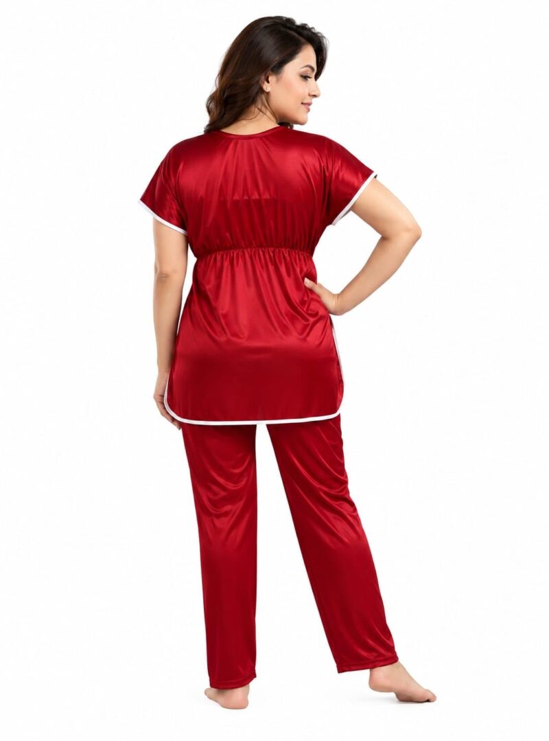 Women's Satin Kaftan Night Suit Set Maroon Size L Soft Lounge Sleepwear - Image 4