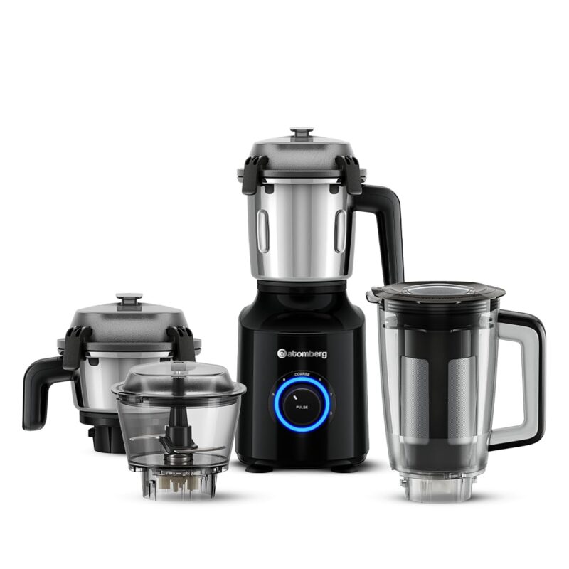 Atomberg Zenova Fresh Juicer Mixer Grinder For Kitchen | Intelligent BLDC Motor | Grind Like 1000 Watt | Coarse Mode for Silbatta Texture | 4 Jar With Chopper | Coconut Milk Maker | Hands-Free | Black