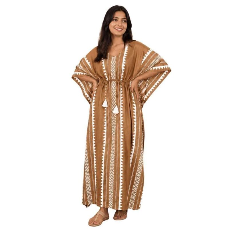 Women's Pure Cotton Kaftan Maxi Dress, Brown Geometric Print, V-Neck Loose Fit with Drawstring Waist & Wide Sleeves | Kaftan Nighty, Beach Cover Up, Vacation & Lounge Wear | Free Size S-XXL