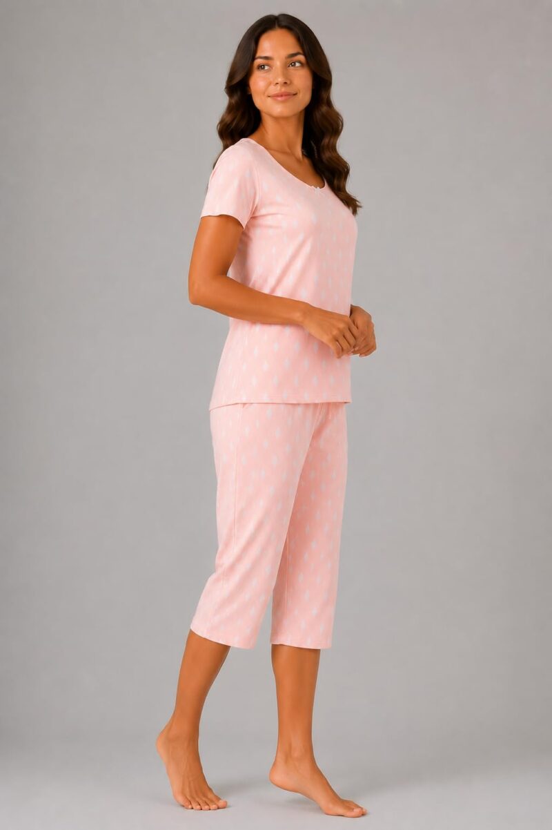Evolove & Venus Pure Double Cloth Night Suit Set for Women | Printed Short Sleeve Sleep Top & Capri Pajama Set | Comfortable Nightwear Loungewear & Sleepwear Set | Light Peach XX-Large - Image 7