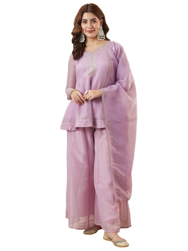 MOKOSH Women’s Lavender Silk Embroidery Peplum Kurta Sharara with Dupatta