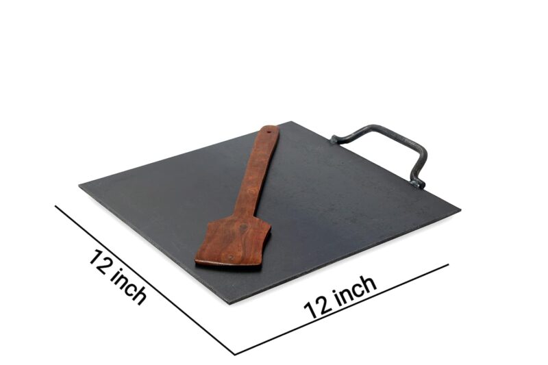PRINA E-SHOP Iron Flat Square Design Induction Comfortable Tawa with One Side Handle with Wooden Turner for Dosa/Roti/Chappati/Dosa Kallu (Black_12inch x 12inch) - Image 4