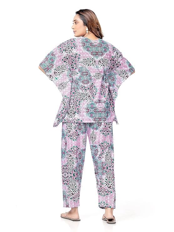 YIJIU Women’s 100% Cotton Printed Kaftan & Pyjama Set – 2-Pack Soft Cotton Loungewear Co-ord for Women, Free Size Nightwear with Pockets, Breathable & Comfortable Sleepwear (Green,Rani, Free Size) - Image 4