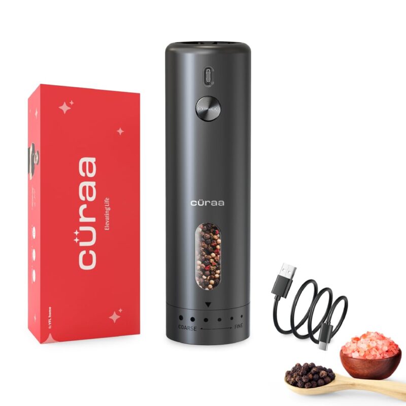 CÜRAA Electric Pepper Grinder with Adjustable Coarseness for Precision Seasoning | Rechargeable, One-Hand Operation | Automatic Pepper Mill for Kitchen | By Chef Sanjyot Keer