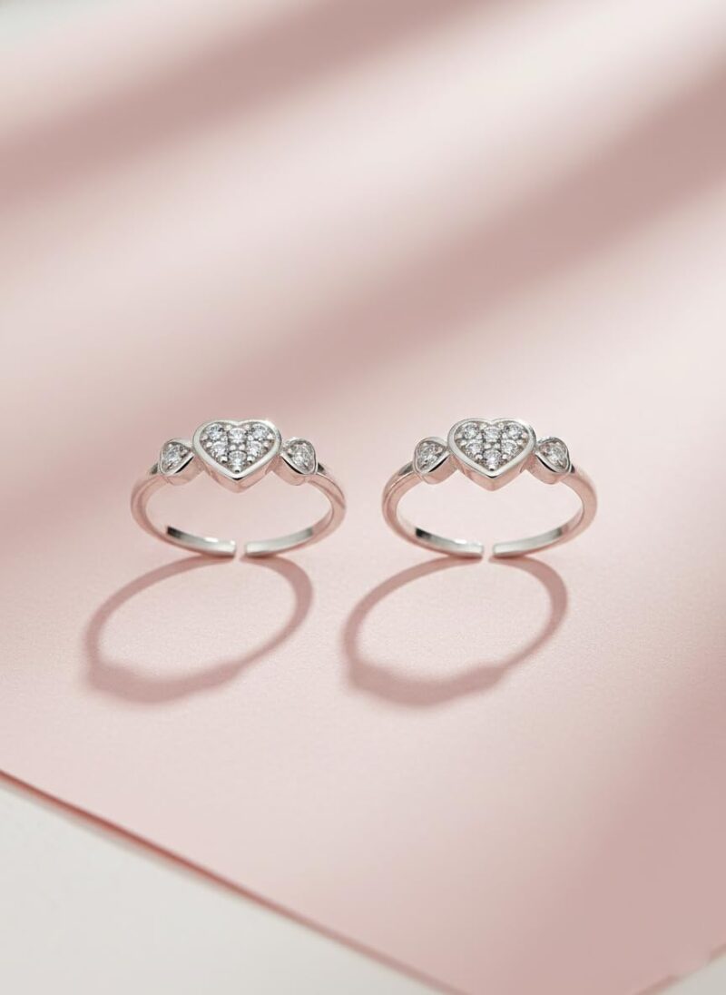 Parnika 925 Sterling Silver Heart Design Adjustable Toe Ring for Women | Pure Silver Open Toe Ring with Sparkling Stone Finish - Image 4