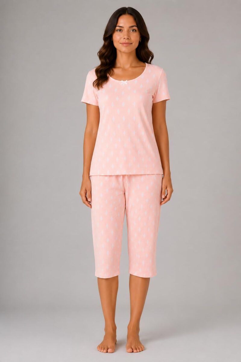 Evolove & Venus Pure Double Cloth Night Suit Set for Women | Printed Short Sleeve Sleep Top & Capri Pajama Set | Comfortable Nightwear Loungewear & Sleepwear Set | Light Peach XX-Large - Image 5