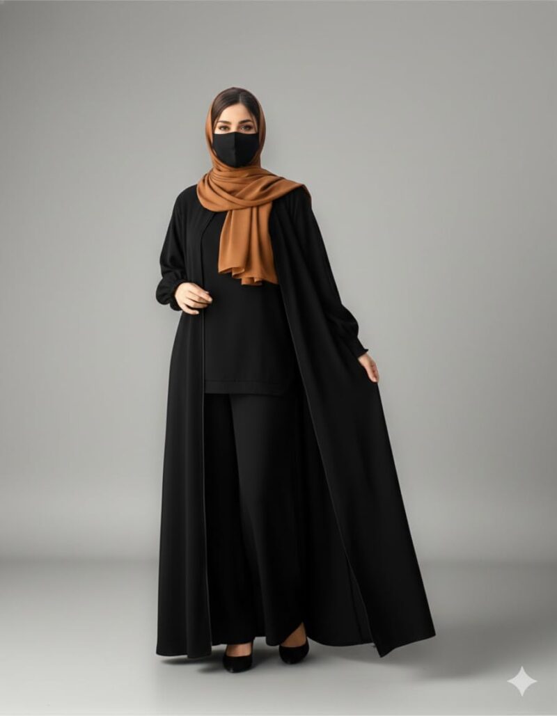 Bashariya Front Open Zipper Abaya for Women in Firdaus Fabric | Smocking Sleeves | Modest Islamic Dress with Belt & Matching Hijab | Elegant Free Size Kaftan Style Abaya-(BLACK-XL) - Image 2