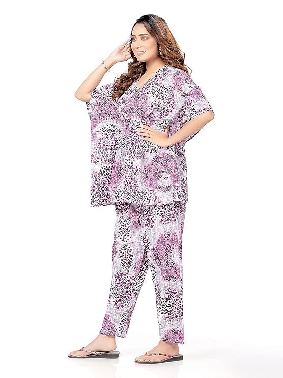 TOUT ENSEMLE Women's Cotton Multicolor Printed Kaftan Co Ord Set with Pocket – Free Size Relaxed Fit Loungewear | Soft & Breathable Nightwear for Home & Sleep (Rani, Free Size) - Image 5