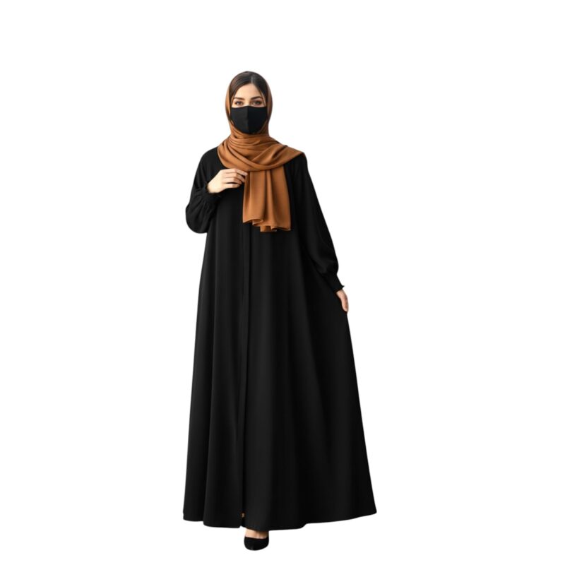 Bashariya Front Open Zipper Abaya for Women in Firdaus Fabric | Smocking Sleeves | Modest Islamic Dress with Belt & Matching Hijab | Elegant Free Size Kaftan Style Abaya-(BLACK-XL)