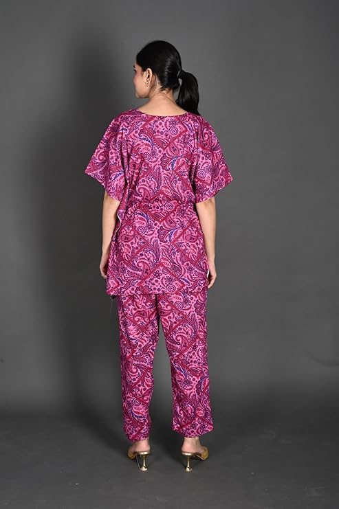YIJIU Women’s 100% Cotton Printed Kaftan & Pyjama Set – 2-Pack Soft Cotton Loungewear Co-ord for Women, Free Size Nightwear with Pockets, Breathable & Comfortable Sleepwear (Green,Rani, Free Size) - Image 6