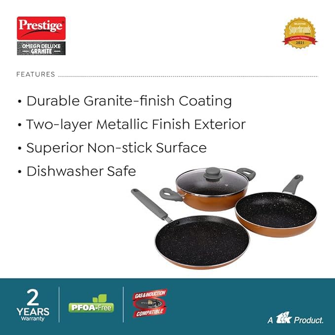 Prestige Omega Deluxe Non-Stick Cookware 3 Pc Set |PFOA Free 5-Layer Coating | Omni Tawa 25 cm | Fry Pan 24 cm | Kadai with Glass Lid 24 cm | Brown | Dishwasher Safe - Image 2