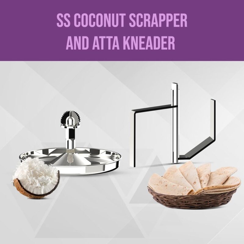 Ultra Grind+ Gold Wet Grinder Celebration Pack | 2L Multiutility Drum with Conical Stones, 1L Spice Mix Drum with Cylindrical Stone, Coconut scraper, Atta kneader & Food Grade Stainless Steel - Image 8