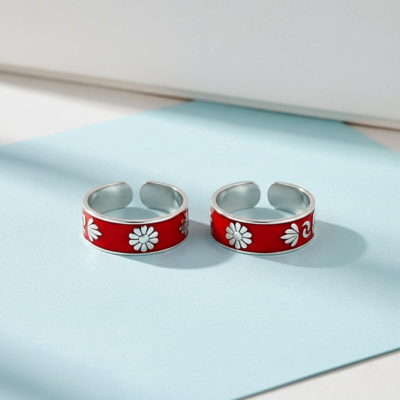 Parnika Mj Red Enamel Band Design Comfortable Toe Rings In Pure 92.5 Sterling Silver For Women | Chandi Bichiya | With Certificate Of Authenticity | - Image 2