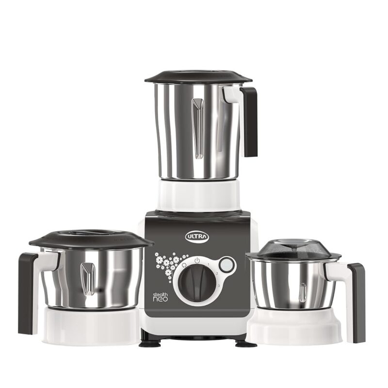 ULTRA Stealth neo MixerGrinder,750W,AISI304 Food Grade SS Jars &Blades,Serrated Stainless Steel Blades,Lesser noise,ABS Body,3Jars Small (0.5L),Medium (0.8L), Large(1.5L), 5Year Motor Warranty