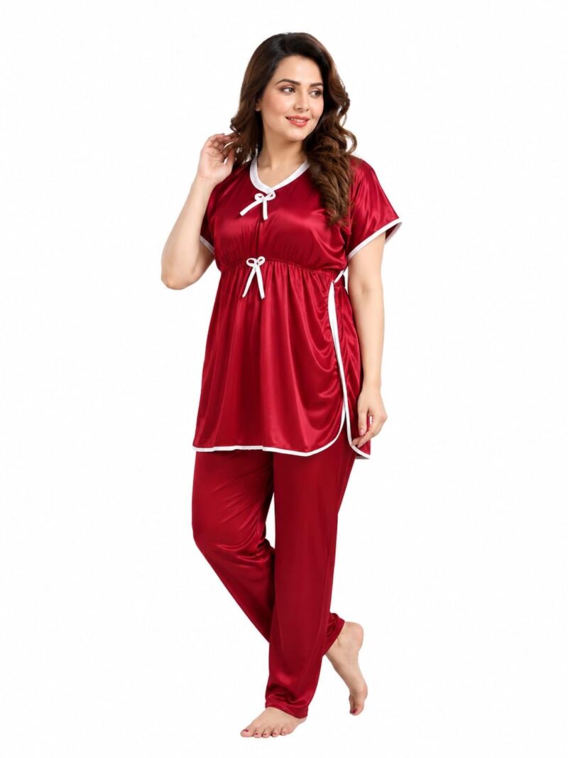 Women's Satin Kaftan Night Suit Set Maroon Size L Soft Lounge Sleepwear - Image 3