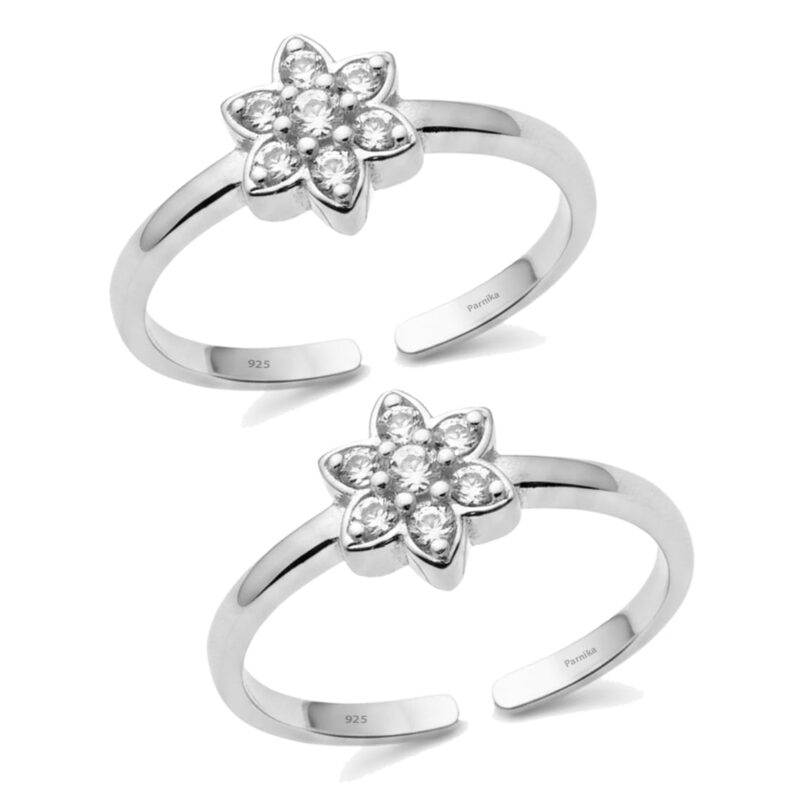 Parnika 925 Sterling Silver Floral Design Adjustable Toe Ring with Cubic Zirconia for Women