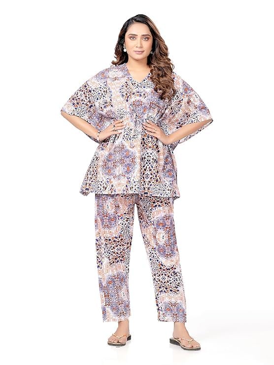 YUKATA Elegant Cotton Kaftan Nightwear for Women – Soft & Breathable Sleepwear | Loose-Fit Lounge Pajama Set with Pockets (Free Size) (Rani, Free Size) - Image 3