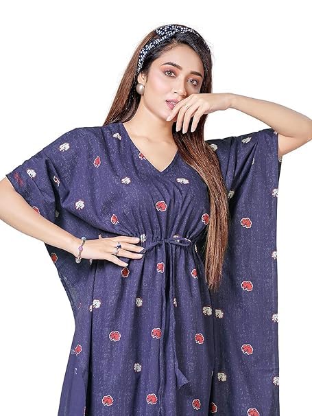 XAKALAKA Women’s Cotton Kaftan Nighty Maxi Gown – Loose Fit Sleepwear, Lightweight & Breathable Loungewear – Stylish Printed Nightdress for Sleeping & Relaxing (Navy Blue, Free Size) - Image 5