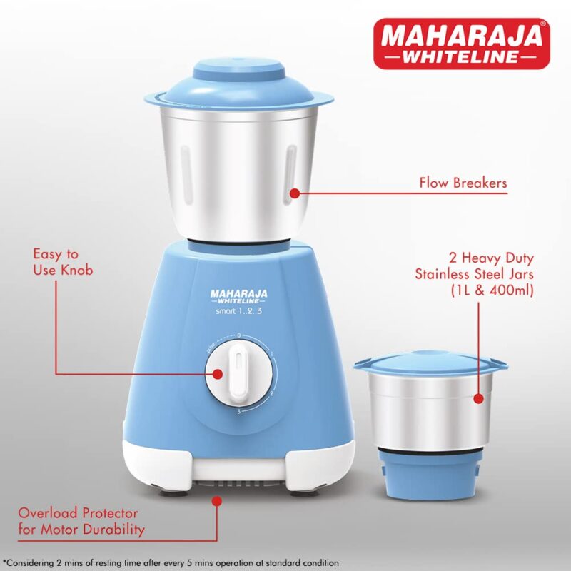Maharaja Whiteline Smart 123 Mixer Grinder | 500-watt | 20000 RPM Motor Speed | Air Ventilation System | Stainless-Steel Jars & Blades | Unique Jar Flow Breakers| 2 Year Motor Warranty |Blue - Image 3