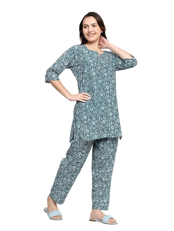 Senert Women's Cotton Printed Night Suit Kaftan Style Pyjama Co Ord Set for Women, Night Dress 2-Piece Outfits Pajama Wear - Free Size (Rama, Free Size)