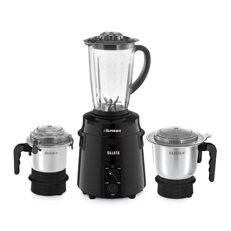 Sujata Supermix Mixer Grinder | 900 Watts Double Ball Bearing Motor | 22000 RPM | Non-Stop 90 Mins Running | 3 Jars including 1750ml Blender, 1000ml Grinder, 500ml Chutney Jar | Black