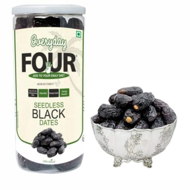 Everyday Four Seedless Black Dates | All Natural Fresh Khajur with No Added Sugar | Healthy & Nutrition Free 400g Dry Fruits | Black Khajoor Rich in Protein & Vitamin Vegan Finest Dates