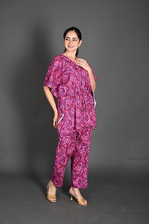 Vlazom Women's 100% Cotton Printed Kaftan & Pyjama Set – Combo Pack of 2 | Free Size Nightwear with Pocket | Soft Cotton Loungewear Co-ord for Women (Rani&Rani, Free Size) - Image 6