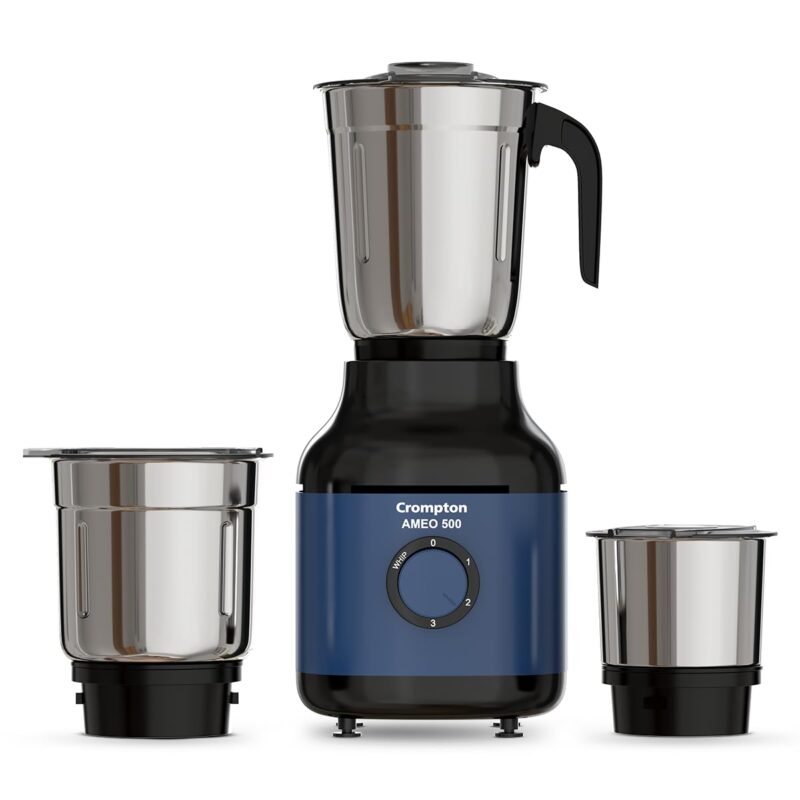 Crompton Ameo 500W Mixer Grinder with Powertron Motor & Motor Vent-X Technology, Robust design (3 Stainless Steel Jars, Blue and Black)