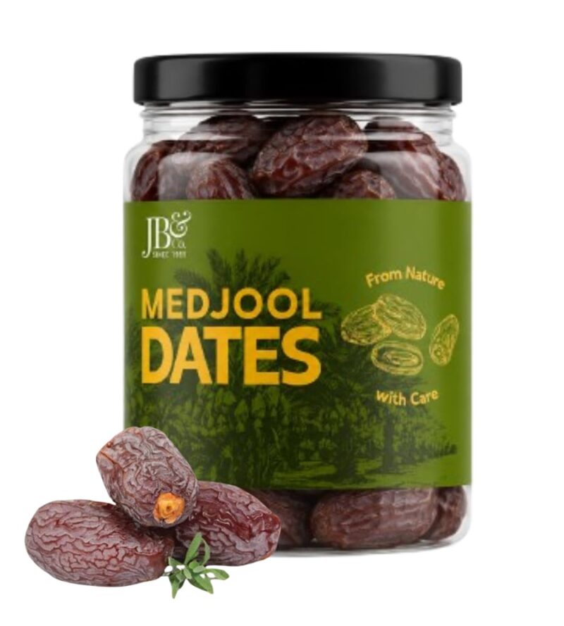 JB&CO - Medjoul Dates - 500g Premium International King Medjoul Khajoor, No Added Sugar, No Preservatives, Plump and Juicy,100% Natural and Vegan, Jar of 500g