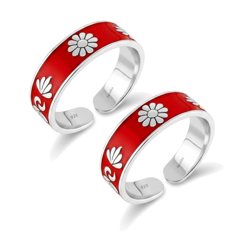 Parnika Mj Red Enamel Band Design Comfortable Toe Rings In Pure 92.5 Sterling Silver For Women | Chandi Bichiya | With Certificate Of Authenticity |