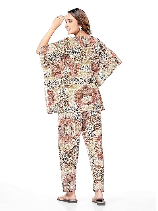 AALIT Women's Cotton Multicolor Printed Kaftan Co-ord Set Night Suit Set with Pocket – Free Size Relaxed Fit Loungewear | Soft & Breathable Nightwear for Home & Sleep (Free Size, Beige) - Image 3