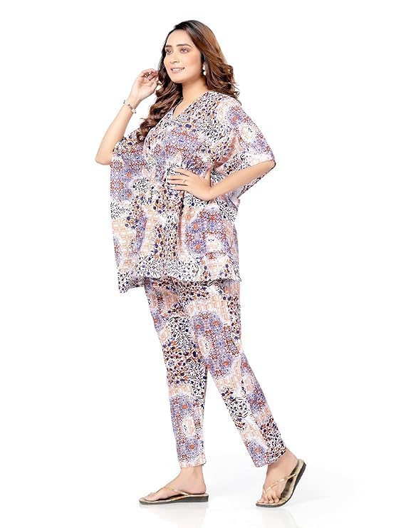 YUKATA Elegant Cotton Kaftan Nightwear for Women – Soft & Breathable Sleepwear | Loose-Fit Lounge Pajama Set with Pockets (Free Size) (Rani, Free Size) - Image 4
