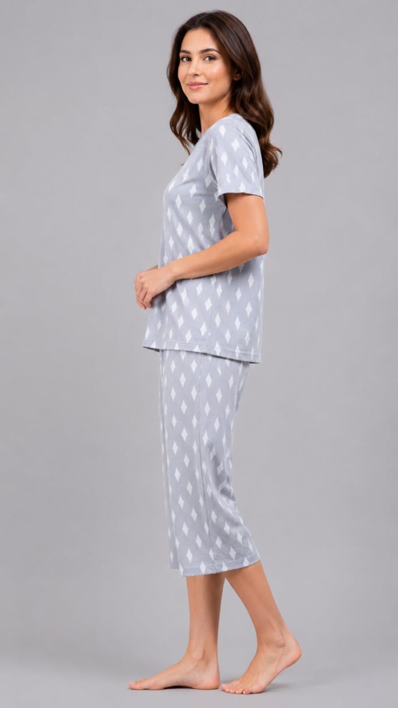 Evolove & Venus Pure Double Cloth Night Suit Set for Women | Printed Short Sleeve Sleep Top & Capri Pajama Set | Comfortable Nightwear Loungewear & Sleepwear Set | Light Grey Large - Image 6
