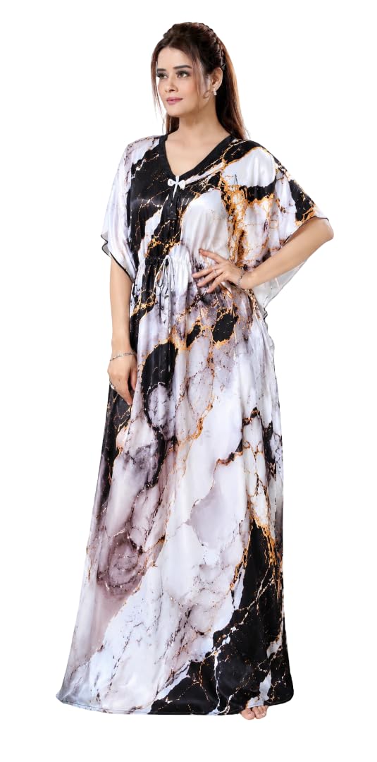 YAZIA Women’s Printed Kaftan Nightgown Maxi | Stylish Marble Print Long Maxi Kaftan | Loose Fit Flowy Dress with Adjustable Drawstring Waist | V-Neck Casual Resort & Lounge Wear |