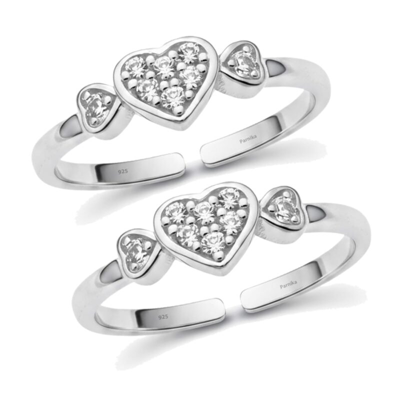 Parnika 925 Sterling Silver Heart Design Adjustable Toe Ring for Women | Pure Silver Open Toe Ring with Sparkling Stone Finish