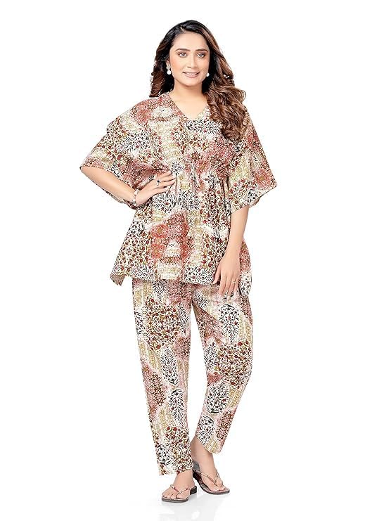 AALIT Women's Cotton Multicolor Printed Kaftan Co-ord Set Night Suit Set with Pocket – Free Size Relaxed Fit Loungewear | Soft & Breathable Nightwear for Home & Sleep (Free Size, Beige) - Image 4