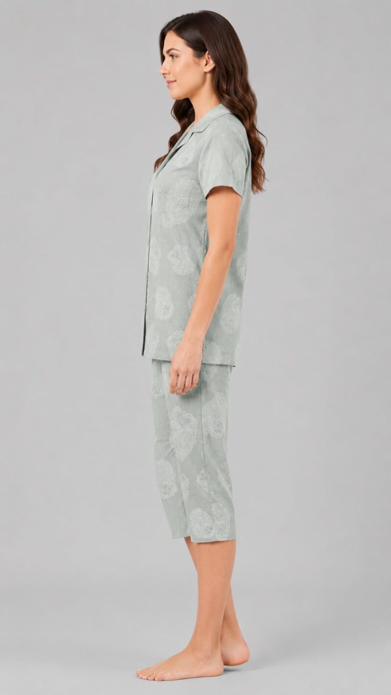 Evolove & Venus Pure Dobby Fabric Night Suit Set for Women | Printed Short Sleeve Sleep Top & Capri Pajama Set | Comfortable Nightwear Loungewear & Sleepwear Set | Light Green Large - Image 3