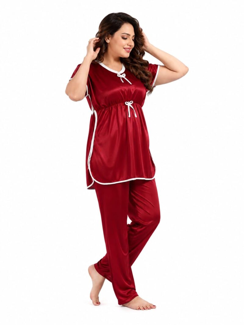 Women's Satin Kaftan Night Suit Set Maroon Size L Soft Lounge Sleepwear