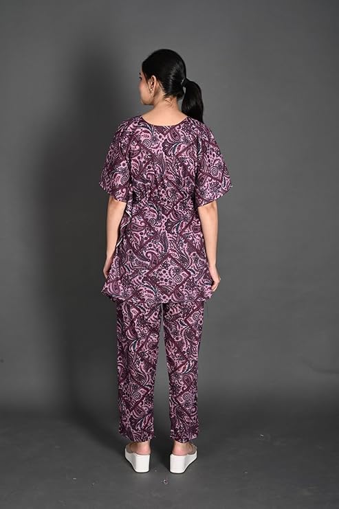 Vlazom Women's 100% Cotton Printed Kaftan & Pyjama Set – Combo Pack of 2 | Free Size Nightwear with Pocket | Soft Cotton Loungewear Co-ord for Women (Rani,Purple, Free Size) - Image 7